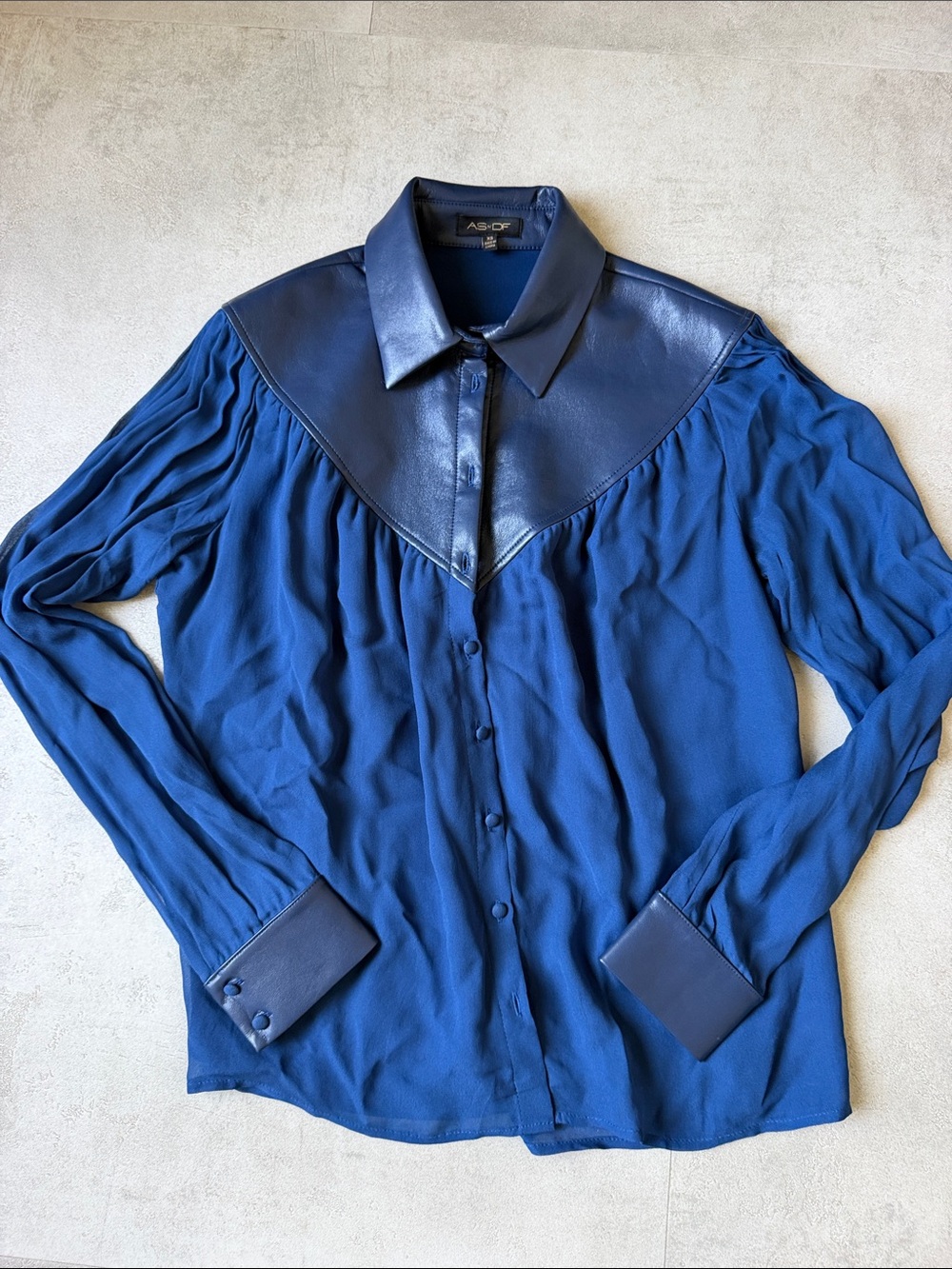 ASOS Navy Long-Sleeve Blouse with Faux-Leather Yoke